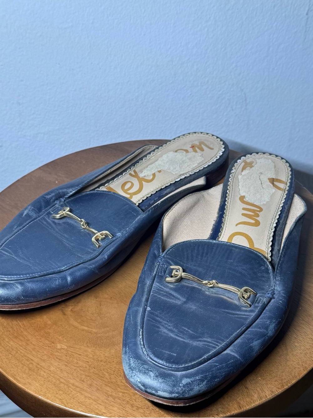 Sam Edelman Navy Leather Slip-On Mules with Gold Hardware